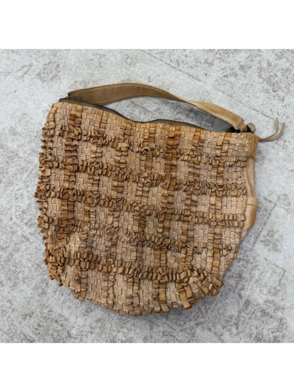 Hobo Hobo Bag Womens Large Beige Leather Woven Boho Tassel Zip Top Shoulder